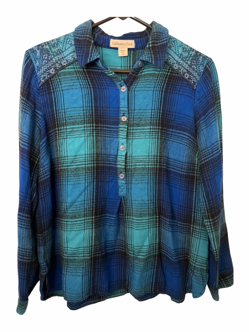 Coldwater Creek Blue & Teal Plaid Flannel Button-Front Shirt Shoulder Embroidery
